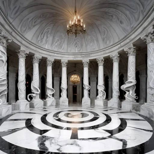 Prompt: White marble crypt rooms with swirling magic and undead.
