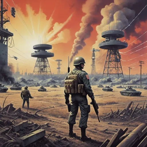 Prompt: Dystopian , battle field poster, 80s, concept art, telecommunications internet business, and USA 80's propaganda.
