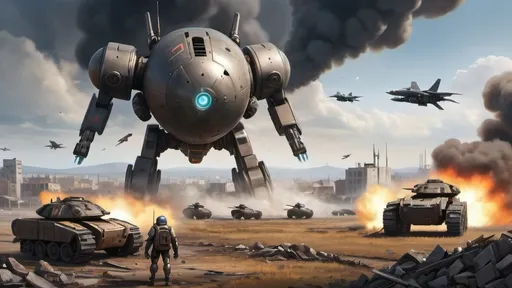 Prompt: mech's on a field of rubble that was once a city, smoke rising on the horizon, giant round drop pod in the sky, under attack by fighter jets.