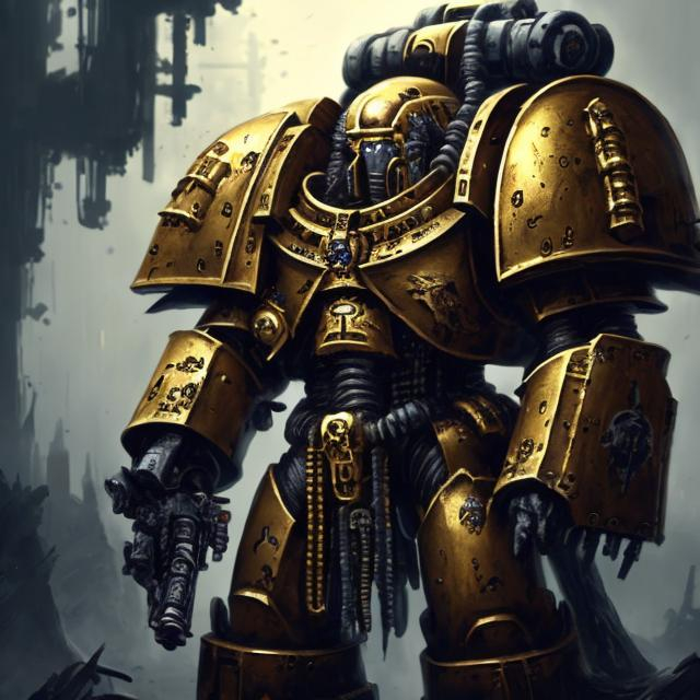 Prompt: High detail, complex, Art station,Bold, space marine, tall, gold armor,foggy, dark atmosphere, 40k
