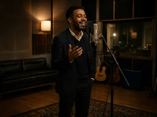 Prompt: This photograph captures amale singer in his late 30s to early 40s, standing in a dimly lit recording studio. He has a medium-dark skin tone, a well-groomed beard, and short, curly black hair. He is dressed in a dark navy blue blazer over a white collared shirt, with a black V-neck sweater layered underneath, and black dress pants paired with polished black shoes. His right hand is open, gesturing expressively while his left hand rests in his pocket. He is standing in front of a professional microphone on a stand, singing with a joyful expression, eyes closed, and mouth slightly open.

The background features warm, ambient lighting with a soft yellow lamp on a wooden side table to the left. Behind the singer, there is a black leather couch, acoustic guitars leaning against the wall, and a window with partially closed blinds. The floor is covered with a patterned dark blue and beige rug, adding a touch of elegance to the room. The overall atmosphere is cozy and intimate, suitable for a recording session. The image has a warm, natural color palette, and the lighting highlights the singer's expressive face and the texture of his clothing.