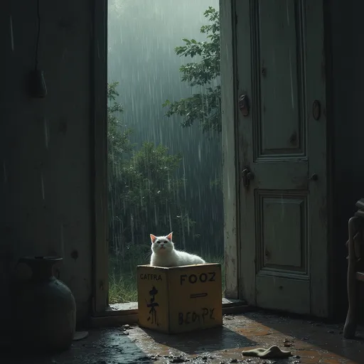 Prompt: box with a cat inside on a doorstep when its raining and thundering crying