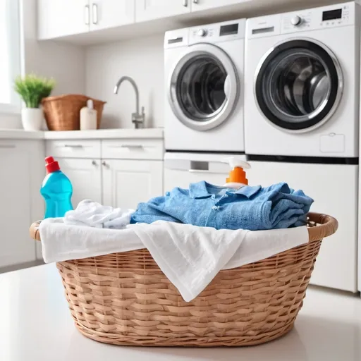 Prompt: stain remover clothes in basket washing machine on the white kitchen background

