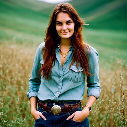 Prompt: <mymodel> Cheerful olive-skin woman, age 21, long reddish chestnut hair, green eyes, plump round face, almond shaped eyes, upturned nose, plum makeup, chambray shirt with bead details, curvaceous bosomy hourglass figure, full rounded bottom, leather belt with large silver & turquoise buckle, brown fringed suede skirt, brown cowboy boots, fringed vest with turquoise bead trim, white western hat, shopping a farmers market carrying a canvas market tote, outdoors, sunny day, high-res, pro photo, US southwestern architecture, subject in sharp focus, highly detailed render, perfect hands