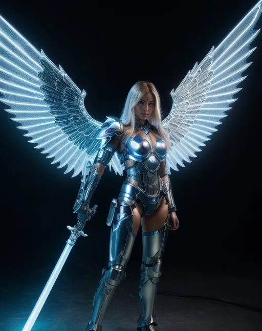 Prompt: Beautiful bare chested female angel with cyborg armor, wielding a large glowing sword, high-res, futuristic, angelic, cyborg, glowing sword, detailed wings, ethereal, metallic armor, celestial lighting