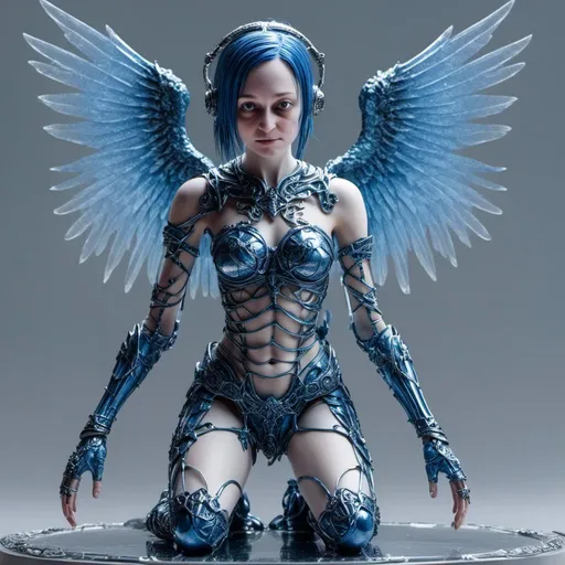 Prompt: Sad female,blue transparent armor,clear angel wings, small wire puppy at feet,<mymodel>