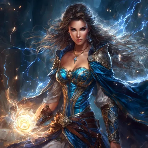 Prompt: <mymodel> Beautiful female electic mage with a wand, bare chested, magical lightening powers, piercing gaze, fantasy illustration, highres, detailed magic effects, fantasy, cool tones, atmospheric lighting