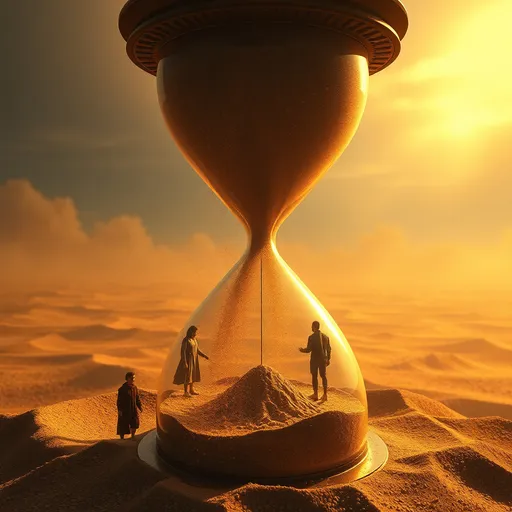 Prompt: (large hourglass), surreal scene, (people turning into sand), dynamic flow of people turning into sand particles as they pass through the hourglass , ethereal atmosphere, magical realism, intricate details, warm golden tones blending into deep browns, soft glow illuminating the hourglass, expansive background, contemplative mood, mystery, enchanting visuals, high detail, 4K quality.