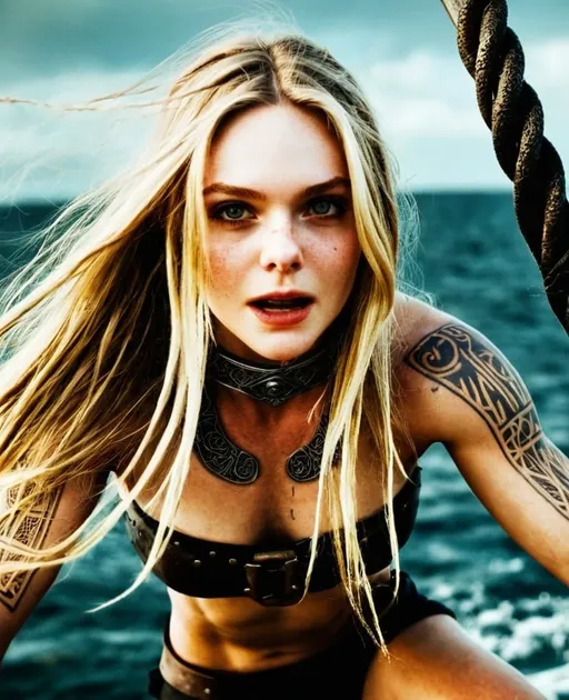 Prompt: Bare-chested female Viking with tribal tattoos leaping from longship, intense expression, long blonde hair,high quality, realistic, action, historical, tribal tattoos, intense gaze, muscular physique, fierce, jumping mid-air, longship, ancient setting, dramatic lighting