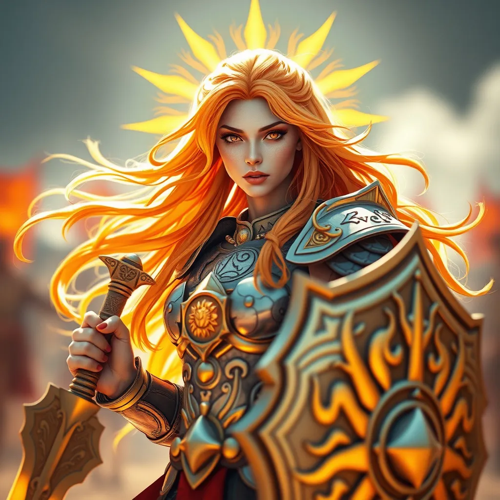 Prompt: 4K quality, photo-realistic mode, Sun-themed female character, long radiant orange hair with sunbeam highlights, golden eyes, wearing an armor with solar emblems, holding a blazing sword and shield, Blur the background to create a three-dimensional effect, atmosphere, standing in a sunlit battleground, radiant skin, flowing hair, glossy lips, fierce eyes, full body, dynamic pose, life size, perfect anatomy, detailed skin texture, full HD, 4K, HDR, perfect anatomy, depth of field.