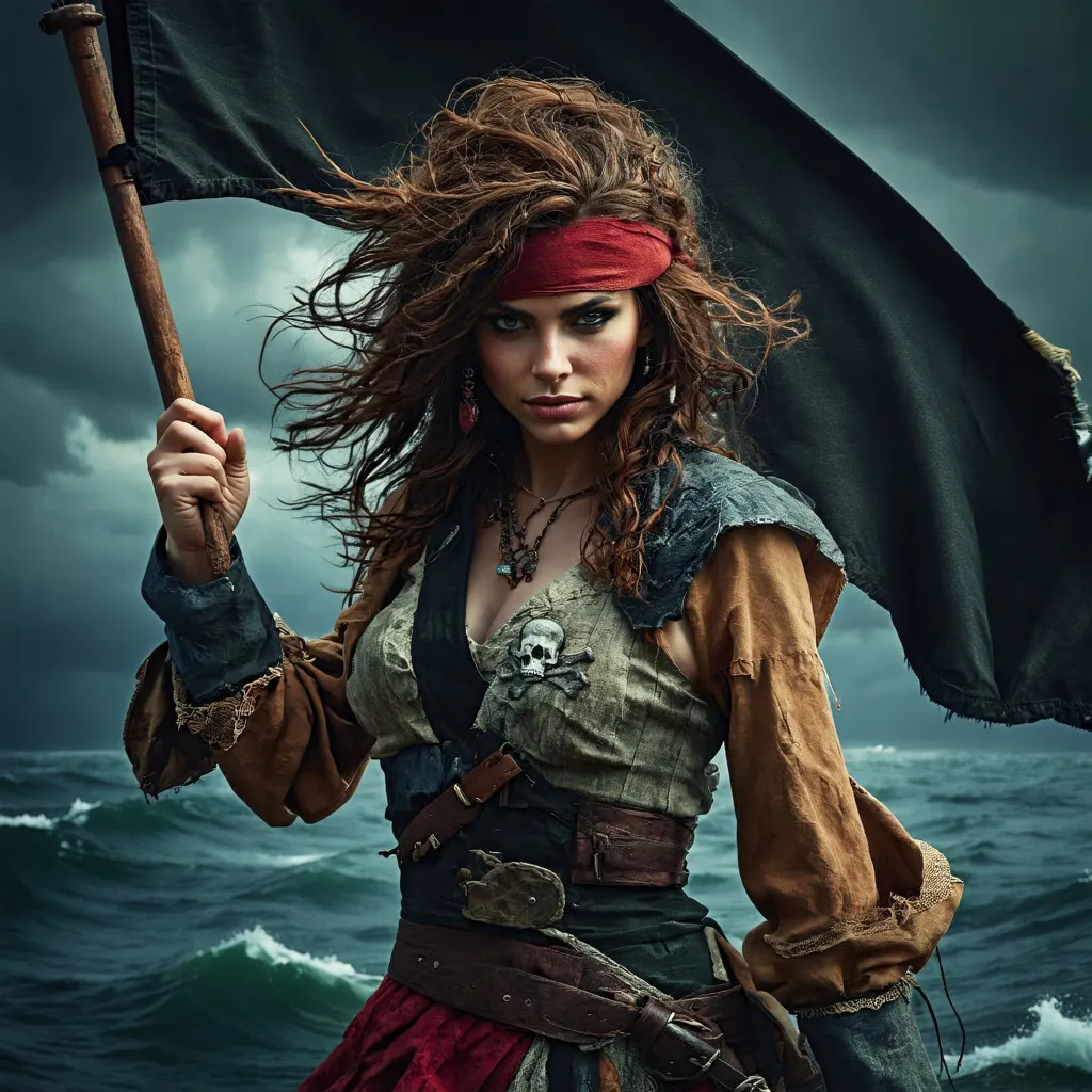 Prompt: (female pirate, holding skull and crossbones flag), adventurous atmosphere , wry smile , windswept hair, wearing a tattered pirate outfit with detailed accessories, depicting a strong pose, backdrop of a stormy sea with dark, rolling clouds, dramatic lighting creating an intense ambiance, ultra-detailed, high quality, cinematic style.