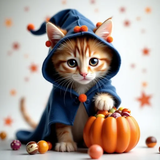 Prompt: Prompt: A photorealistic kitten dressed as a tiny Halloween wizard, sitting proudly with wide, curious eyes. The kitten wears a deep blue hooded robe with a pointed hat adorned with orange pom-poms. In its paw, it holds a pumpkin-shaped candy bucket overflowing with colorful round treats. The background is soft white with scattered orange stars, evoking a whimsical, festive atmosphere. The scene radiates gentle mischief and seasonal charm.
