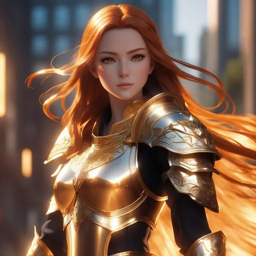 Prompt: 4K anime style quality, digital drawing mode, Sun-themed anime female character, long radiant ginger hair with sunbeam highlights, golden eyes, wearing an armor with solar emblems, holding a blazing sword and shield, Blur the background to create a three-dimensional effect, atmosphere, standing in a sunlit battleground, radiant skin, flowing hair, glossy lips, fierce eyes, full body, dynamic pose, life size, perfect anatomy, detailed skin texture, full HD, 4K, HDR, perfect anatomy, depth of field.