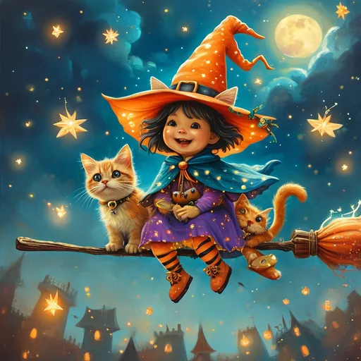 Prompt: (cute witch flying and her cat on her broomstick), wearing a whimsical hat, joyful expression, magical night sky, shimmering stars, enchanting atmosphere, moonlight illuminating her, (ultra-detailed), dark colors, warm tones, (imaginative and playful), dressed in a colorful dress, surrounded by sparkling magic, sense of adventure and fun.