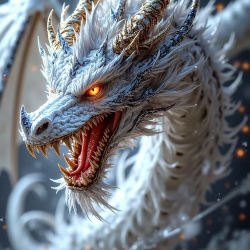 Prompt: A fierce, mythical dragon emerges powerfully from a swirling mist of ethereal white and black smoke, its majestic head dominating the scene with intricate details. Its scales are strikingly rendered in a stark white with bold black streaks, while fiery orange eyes gleam with an intimidating intensity against a backdrop of dark, swirling shadows. The dragon's razor-sharp fangs are bared in a menacing snarl, exposing a vivid red tongue that adds to the overall sense of ferocity. Accompanying its otherworldly appearance, tendrils of smoke weave around its elongated body, enhancing the dramatic energy of the composition, which conveys a sense of impending movement and mystique, as if the creature is ready to spring to life.
