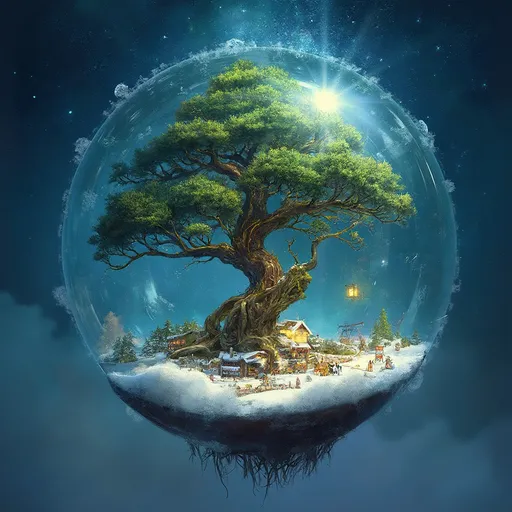 Prompt: A mystical, otherworldly fir tree , suspended within a glowing, orb-like sphere, encompassing a miniature landscape of snowy Christmas night and day, featuring detailed, intricate root systems, vibrant colors, and a celestial, starry background, all rendered with painterly, digital aesthetic textures and lighting effects.