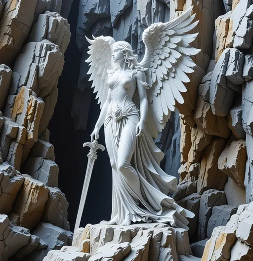 Prompt: (fantasy character art) woman with a sword and (huge white angel wings), standing majestically on a rock, detailed and intricate (marble sculpture) style, inspired by Anne Stokes, dramatic lighting creating a mystical atmosphere, epic fantasy elements, vibrant color contrast emphasizing the wings against the stone, ultra-detailed textures, strong and resilient pose, embodying strength and grace.