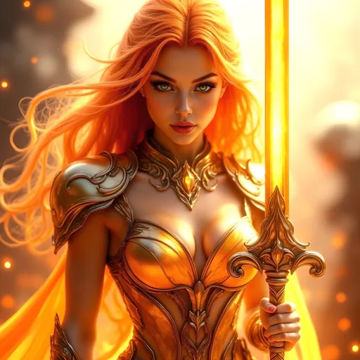 Prompt: 4K quality, photo-realistic mode, Sun-themed female character, long radiant orange hair with sunbeam highlights, golden eyes, wearing an armor with solar emblems, holding a blazing sword and shield, Blur the background to create a three-dimensional effect, atmosphere, standing in a sunlit battleground, radiant skin, flowing hair, glossy lips, fierce eyes, full body, dynamic pose, life size, perfect anatomy, detailed skin texture, full HD, 4K, HDR, perfect anatomy, depth of field.