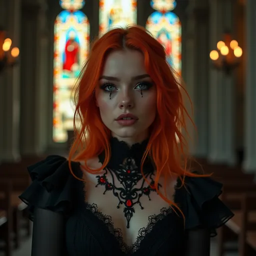 Prompt: (beautiful young woman),flame colored hair, gothic style makeup, dark elegant clothing, intricate church architecture, soft ambient lighting, rich shadows, ethereal atmosphere, serene expression, stained glass reflections, ornate details, moody ambiance, dramatic depth, captivating elegance, high quality, ultra-detailed.