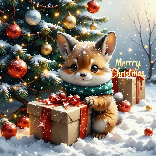 Prompt: (a small cute creature), wrapping a present, (large Christmas tree) adorned with colorful lights, (warm and cozy ambiance), soft glowing lights, festive decorations, rich green and gold tones, scattered ornaments, detailed textures, cheerful holiday spirit, surrounded by gently falling snowflakes, (ultra-detailed) illustration, vibrant colors, magical atmosphere, heartwarming scene.gold lettering “Merry Christmas “encircles the scene.