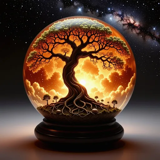 Prompt: A mystical, otherworldly tree of life, suspended within a glowing, orb-like sphere, encompassing a miniature landscape of night and day, featuring detailed, intricate root systems, vibrant colors, and a celestial, starry background, all rendered with painterly, digital aesthetic textures and lighting effects.