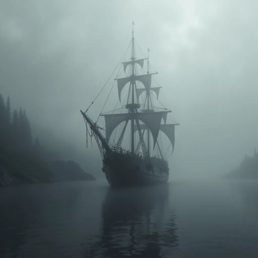 Prompt: A ghostly silhouette of a tall ship emerges from a dense, swirling fog, its masts and sails barely discernible against the muted, gray background. The water is calm and dark, reflecting the mysterious atmosphere enveloping the vessel, which appears to glide silently through the mist. Shadows play across the ship's hull, hinting at its size and the intricate rigging that defines its structure. The overall tone is somber and enigmatic, creating a sense of intrigue and solitude as the ship navigates through the obscured landscape, evoking imagery of forgotten journeys and distant adventures lost in time.