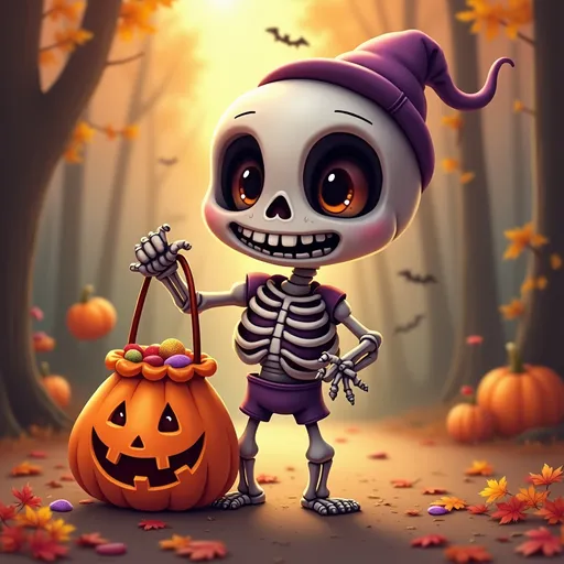 Prompt: (cute skeleton), cheerful expression, holding a trick or treat bag, whimsical atmosphere, vibrant colors, cozy Halloween theme, cartoon style, playful perspective, autumn leaves in the background, spooky decorations, HD quality, delightfully spooky vibe, playful mood, full of fun and mischief.