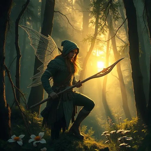 Prompt: Elf ranger in a mystical forest around sunlight