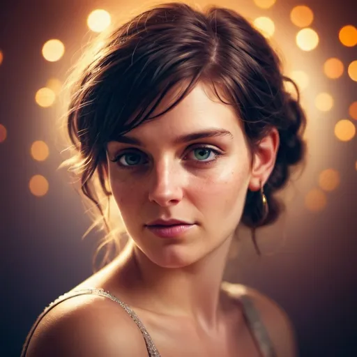 Prompt: Bokeh portrait of a stunning woman, soft and dreamy, high quality, digital painting, ethereal beauty, glowing lights, vibrant colors, feminine charm, sparkling bokeh circles, enchanting atmosphere, elegant pose, professional artistry, warm and romantic tones, shallow depth of field, detailed features, captivating gaze