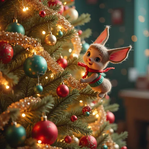 Prompt: (charming scene of small cute creatures), adorning a grand Christmas tree, festooned with colorful ornaments, twinkling lights, and shimmering garlands, warm and vibrant colors, cozy and festive ambiance, looks magical and enchanting, festive decorations, joyful spirit, intricate details of the tree and creatures, ultra-detailed, whimsical atmosphere, HD.