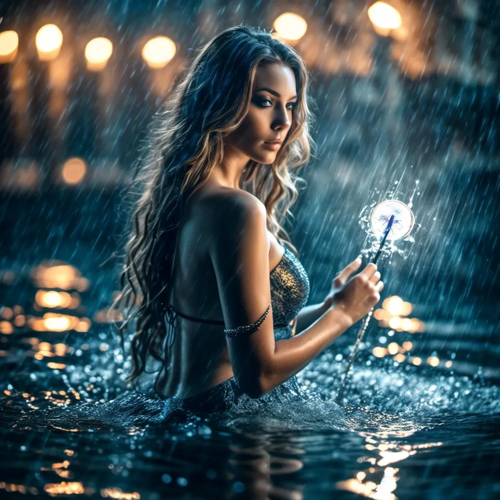 Prompt: Beautiful female water mage with a wand, bare chested, magical water powers, piercing gaze, fantasy ,long hair ,long hair, misty lightening, detailed magic effects, fantasy, cool tones, atmospheric lighting, wet look<mymodel>