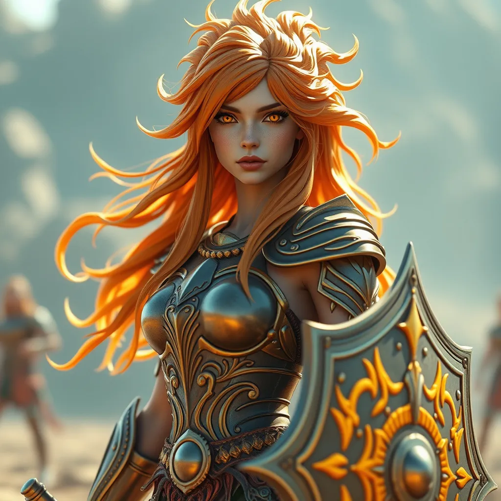 Prompt: 4K quality, 3D photo-realistic mode, Sun-themed female character, long radiant orange hair with sunbeam highlights, golden eyes, wearing an armor with solar emblems, holding a blazing sword and shield, Blur the background to create a three-dimensional effect, atmosphere, standing in a sunlit battleground, radiant skin, flowing hair, glossy lips, fierce eyes, full body, dynamic pose, life size, perfect anatomy, detailed skin texture, full HD, 4K, HDR, perfect anatomy, depth of field.