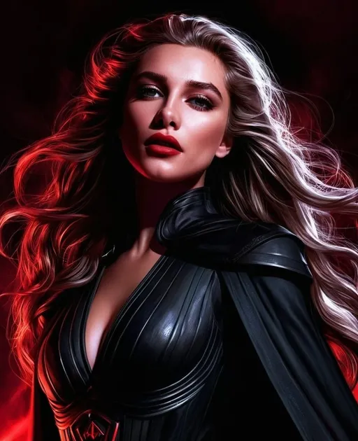 Prompt: Beautiful Sith with long, flowing hair, intense stare, wicked smile, high-res, digital painting, detailed eyes, dark and menacing, Sith, red and black color scheme, dramatic lighting, sinister aura