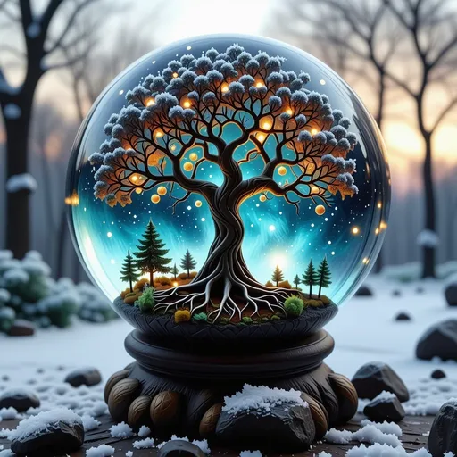 Prompt: A mystical, otherworldly tree of life, suspended within a glowing, orb-like sphere, encompassing a miniature landscape of snowfall night and day, featuring detailed, intricate root systems, vibrant colors, and a celestial, starry background, all rendered with painterly, digital aesthetic textures and lighting effects.