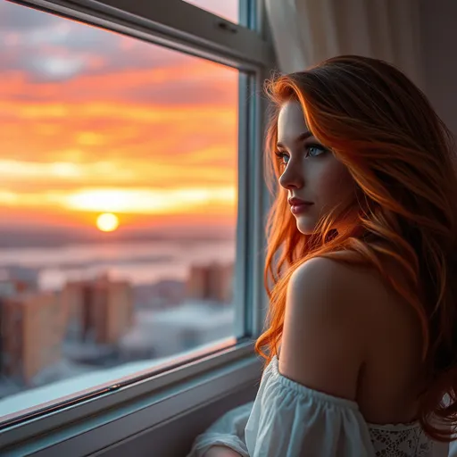 Prompt: a beautiful woman looking out of a bedroom window, sparkling blue eyes, (long ginger hair) flowing, admiring a breathtaking (sunset) with vibrant hues of orange and pink, cozy bedroom ambiance, soft warm lighting illuminating her figure, ethereal atmosphere, capturing a sense of tranquility and beauty, (ultra-detailed, HD)