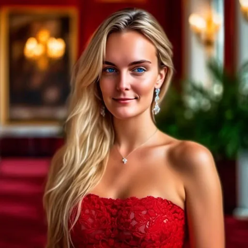 Prompt: <mymodel>High-quality digital portrait of a charming 35-year-old woman, blonde with piercing blue eyes, wearing an elegant red dress, modern hotel lobby setting, detailed hair with natural highlights, pleasant and welcoming smile, warm and inviting atmosphere, realistic digital painting, vibrant colors, professional artistry, modern interior, luxurious lighting, 4k, ultra-detailed, digital portrait, modern, elegant, charming, luxurious, warm lighting