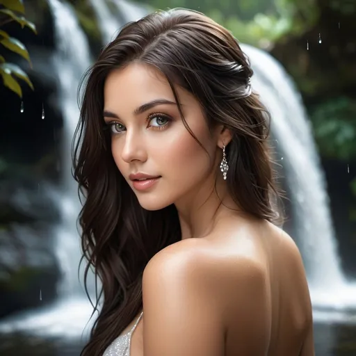 Prompt: Beautiful woman posing near a waterfall, long dark hair, hazel eyes, back to camera, looking over shoulder, realistic, detailed realistic water droplets, high quality, elegant, natural lighting, serene atmosphere, detailed hair, detailed eyes, serene, outdoor, detailed, highres, realistic, elegant, flowing water, peaceful, atmospheric lighting