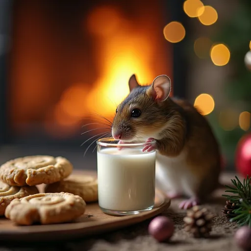 Prompt: (charming scene) A mouse nibbling on milk and cookies, (cozy, festive ambiance) warm glow from a fireplace in the background, (soft focus) inviting atmosphere, (highly detailed) textures of cookies and creamy milk, (seasonal decorations) subtle hints of holiday lights and decorations, (4K) ultra-detailed imagery capturing the magic of Christmas.