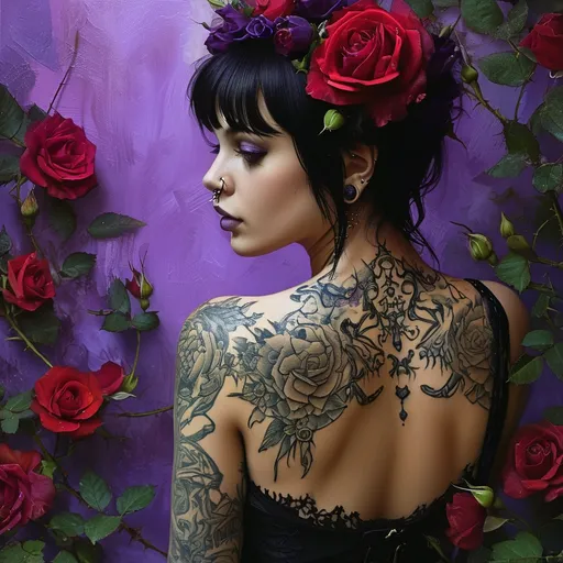 Prompt: (woman with tattoos, purple background), (rose on shoulder and back), (gothic art), (highly detailed), photorealistic, digital painting, (Anne Stokes style), ethereal atmosphere, striking contrasts of deep purples, intricate details on tattoos and roses, a sense of mystique and elegance, soft shadows enveloping the figure, ultra-detailed, exquisite texture, captivating visual art.