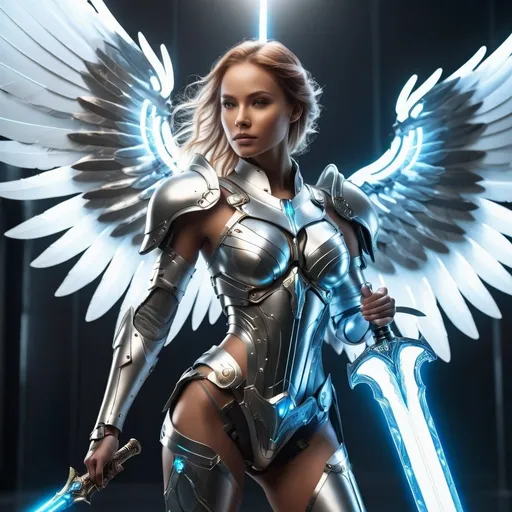 Prompt: Beautiful female angel with cyborg armor, wielding a large glowing sword, high-res, futuristic, angelic, cyborg, glowing sword, detailed wings, ethereal, metallic armor, celestial lighting