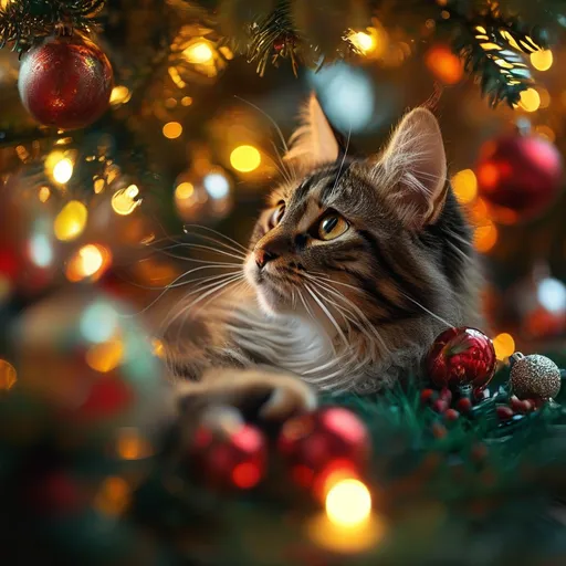 Prompt: (cat)(a playful cat laying under a beautifully decorated Christmas tree), colorful baubles glistening, vivid reds and greens, warm lighting creating a cozy atmosphere, soft focus on the background, hints of ornaments and tinsel, festive ambiance, ultra-detailed, charming scene filled with holiday cheer.