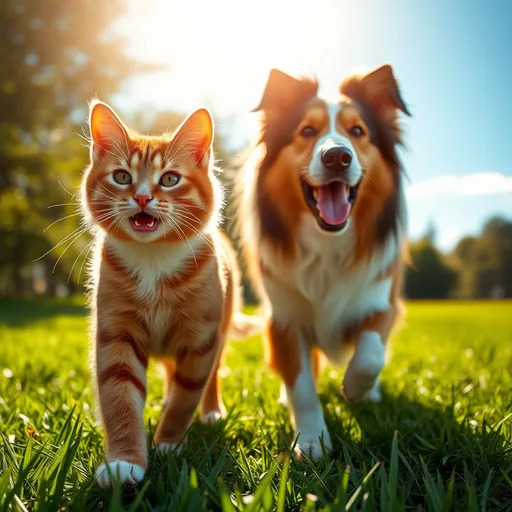 Prompt: (ginger cat and collie dog walking together), warm sunlight bathing them, lush green grass underfoot, vivid blue sky overhead, friendly atmosphere, joyful expressions, close companionship, capturing a carefree moment, natural setting, high-quality image, 4K detail.