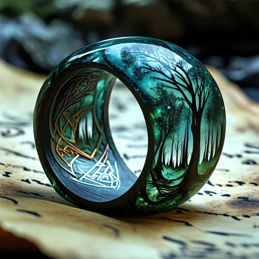 Prompt: Elven resin ring, with delicate  Gaussian electromagnetism luminescent glow, positioned in the center of an old parchment adorned with a handwritten love letter & ink stains, overlaying a dark spring forest at night, gaussian electromagnetism in the sky, with intricate details, double exposure, deep shadows, grandiose cinematic lighting & strong rim light,3D ultra high resolution photography, 45mm SLR