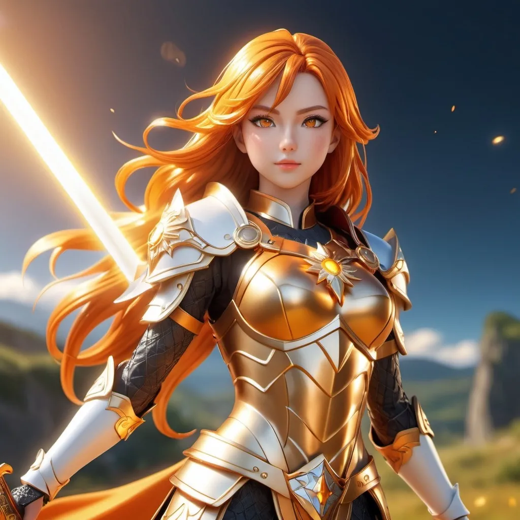 Prompt: 4K anime style quality, digital drawing mode, Sun-themed anime female character, long radiant orange hair with sunbeam highlights, golden eyes, wearing an armor with solar emblems, holding a blazing sword and shield, Blur the background to create a three-dimensional effect, atmosphere, standing in a sunlit battleground, radiant skin, flowing hair, glossy lips, fierce eyes, full body, dynamic pose, life size, perfect anatomy, detailed skin texture, full HD, 4K, HDR, perfect anatomy, depth of field.