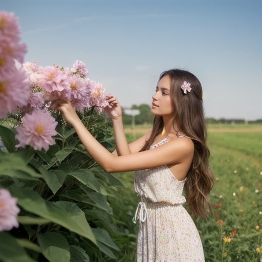 Prompt: Beautiful woman picking a flower, long fair hair, brown eyes, clear tight-fitting sundress, high-res, detailed, pastel colors, realistic, soft lighting, feminine, floral scent, delicate details, natural beauty