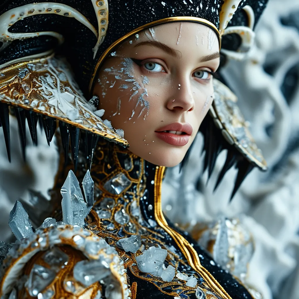 Prompt: Full body, Hyperrealistic gorgeous woman wearing eccentric couture dress made of black, white and gold marble inspired by the xenomorph, with giant dark frost ice crystals on the shoulders decor, looking directly at camera, inspired by Klimt, against dark snow background