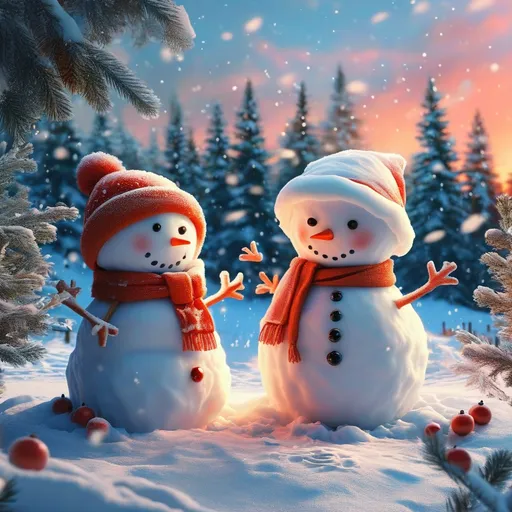 Prompt: (cute snowman and snow woman), playfully building a snow fort, light snowflakes gently falling, (cheerful winter atmosphere), vibrant winter colors, warm hues of orange and pink in the sky at sunset, snowy landscape scattered with evergreen trees, warm, inviting expressions on their faces, soft snow texture, (high detail) 4K, whimsical charm.