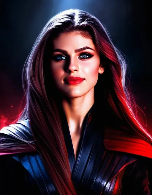 Prompt: Beautiful Sith with long, flowing hair, intense stare, wicked smile, high-res, digital painting, detailed eyes, dark and menacing, Sith, red and black color scheme, dramatic lighting, sinister aura