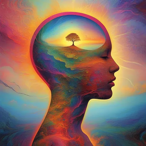 Prompt: (woman's head silhouette), (landscape shaped like a tree), (sunset background), Gaussian electromagnetism luminescent glow , digital artwork, vibrant colors, warm tones, intricate details, surrealism, intuitive flow, ethereal ambiance, ultra-detailed, mesmerizing composition, imaginative art, fusion of nature and femininity, dreamlike quality, (computer art), stunning visual narrative.