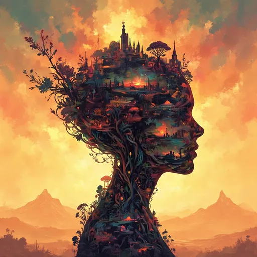 Prompt: (woman's head silhouette), (landscape shaped like a tree), (sunset background), digital artwork, vibrant colors, warm tones, intricate details, surrealism, intuitive flow, ethereal ambiance, ultra-detailed, mesmerizing composition, imaginative art, fusion of nature and femininity, dreamlike quality, (computer art), stunning visual narrative.